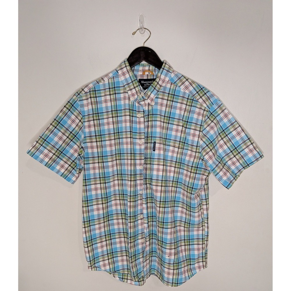 Abercrombie & Fitch Mens Large Blue Green Plaid Short Sleeve Button Down Shirt